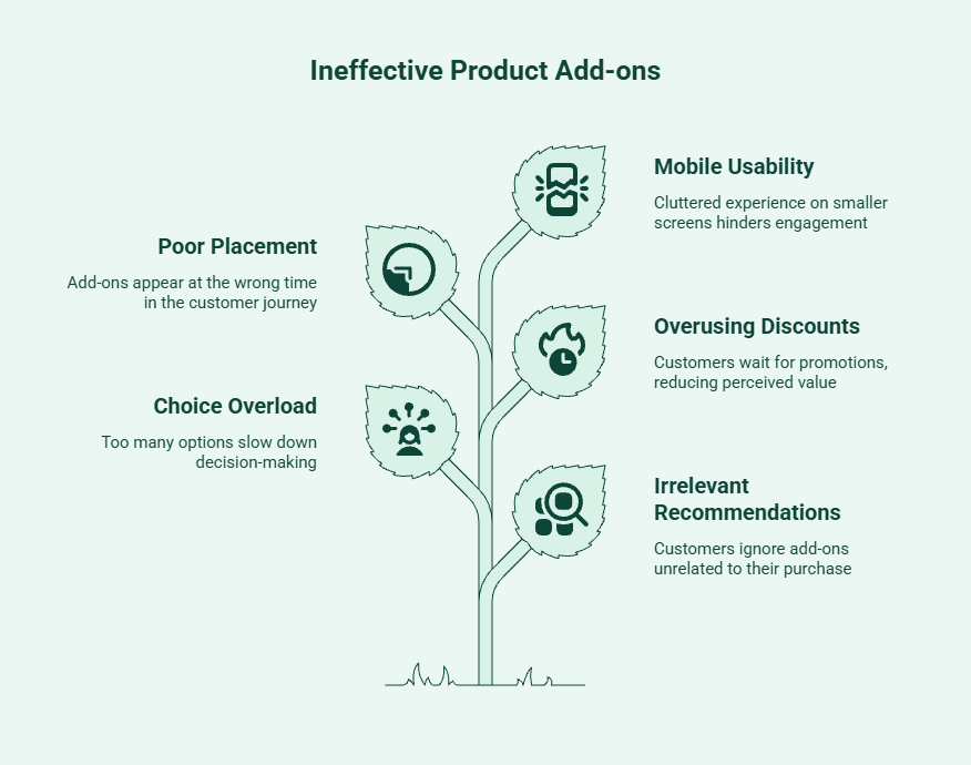 Infographic showing common product add-on mistakes, including irrelevant recommendations, choice overload, overusing discounts, poor placement, and mobile usability issues that reduce customer engagement.