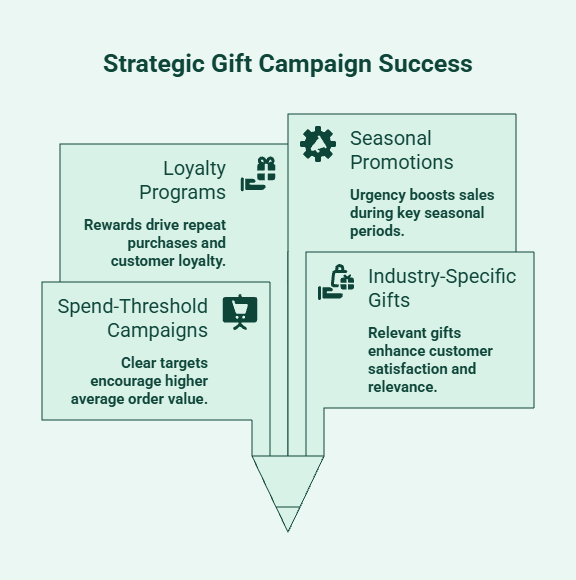 Infographic showing the most effective free gift campaigns, including spend-threshold offers, loyalty rewards, seasonal promotions, and industry-specific gifts that increase AOV, customer retention, and sales.
