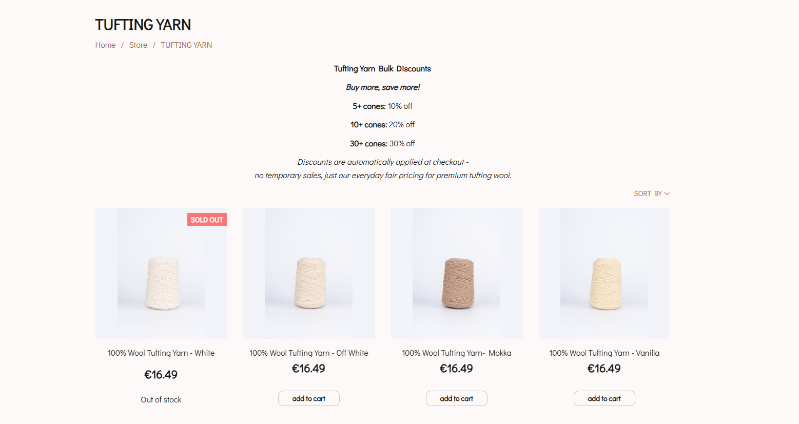 TUFTING STUFF yarn collection page displaying quantity-based discount tiers, offering 10% off for 5+ cones, 20% off for 10+ cones, and 30% off for 30+ cones, encouraging larger purchases across multiple product variants.