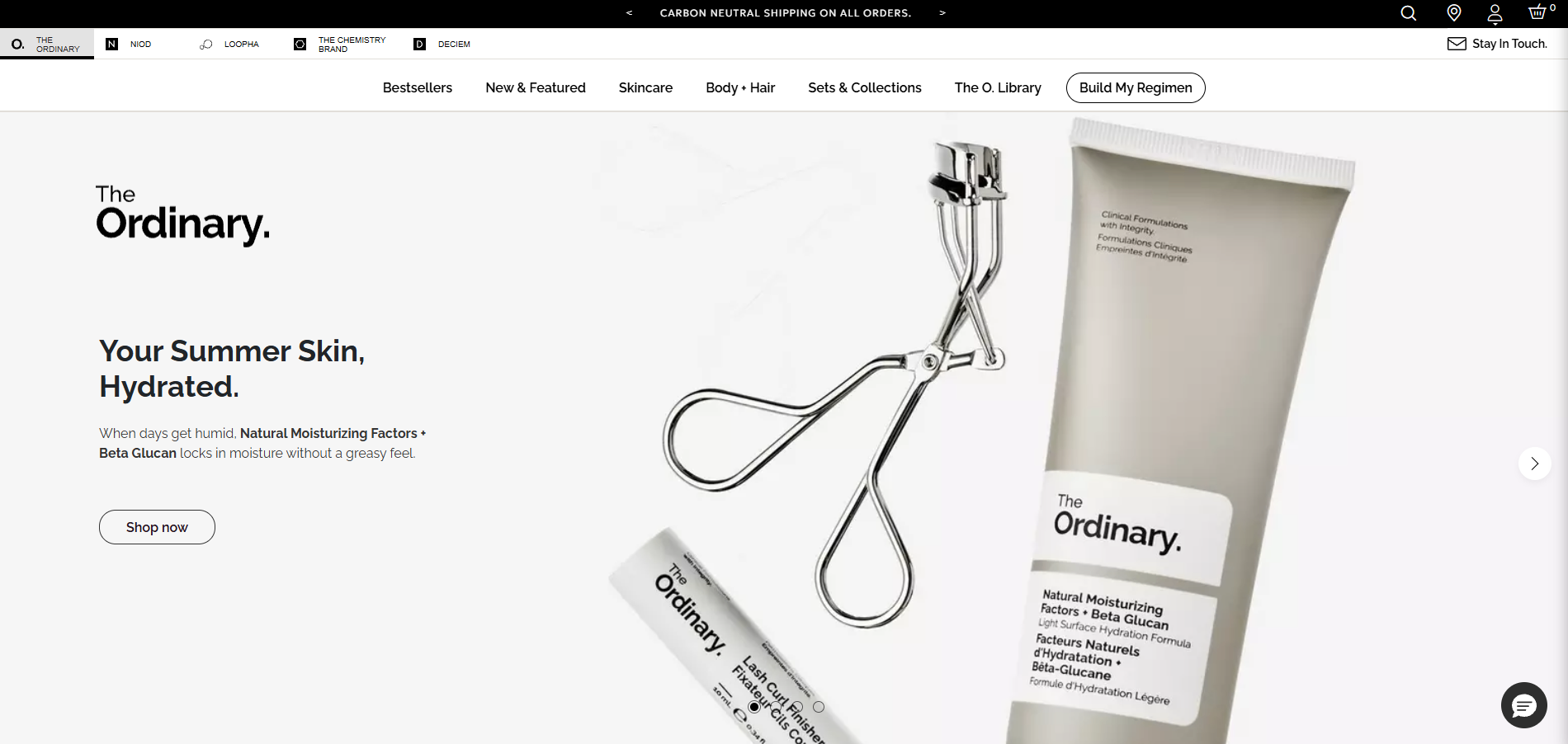 The Ordinary homepage featuring skincare products and a “Build My Regimen” option, highlighting how beauty brands encourage customers to purchase multiple complementary products as part of a complete skincare routine.