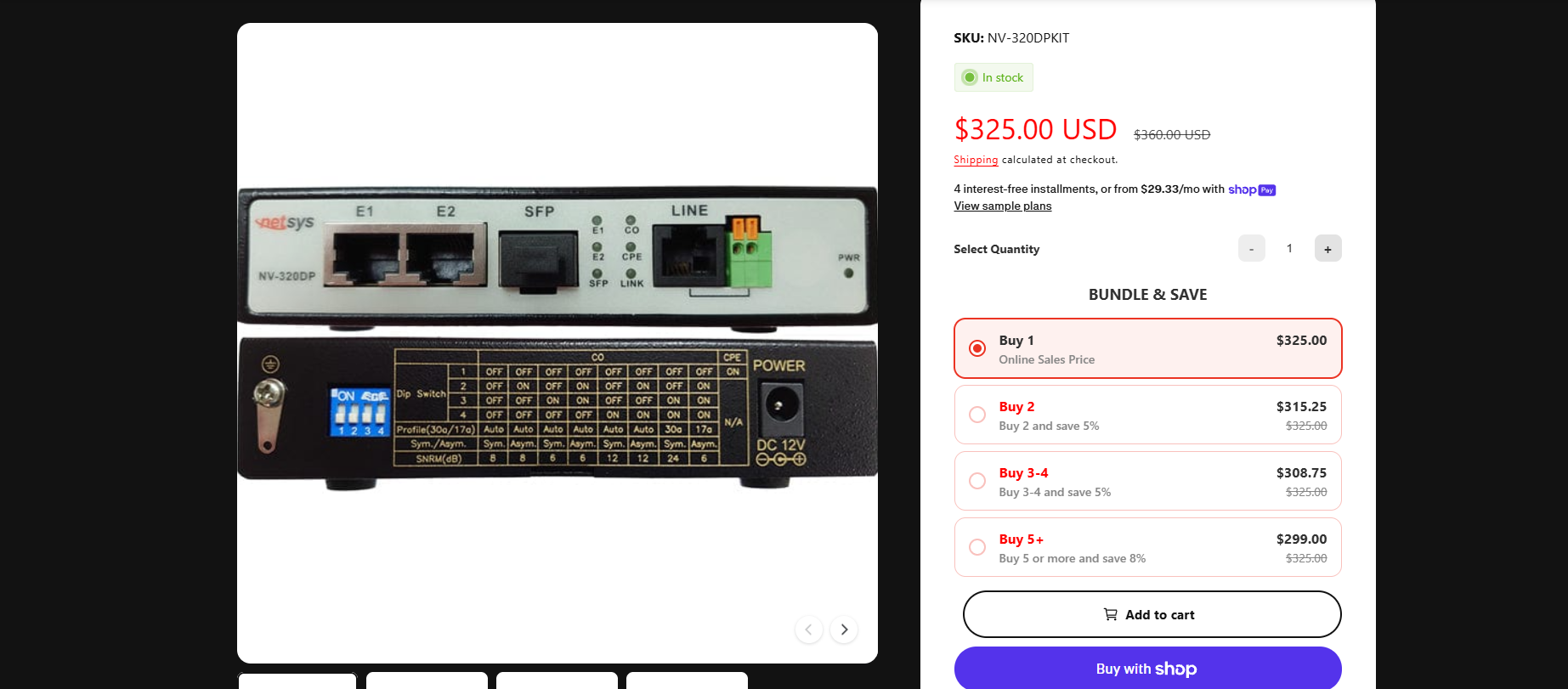 Netsys Direct product page displaying quantity-based pricing tiers, where customers receive increasing discounts when purchasing 2, 3–4, or 5+ units, encouraging larger order sizes through volume pricing.