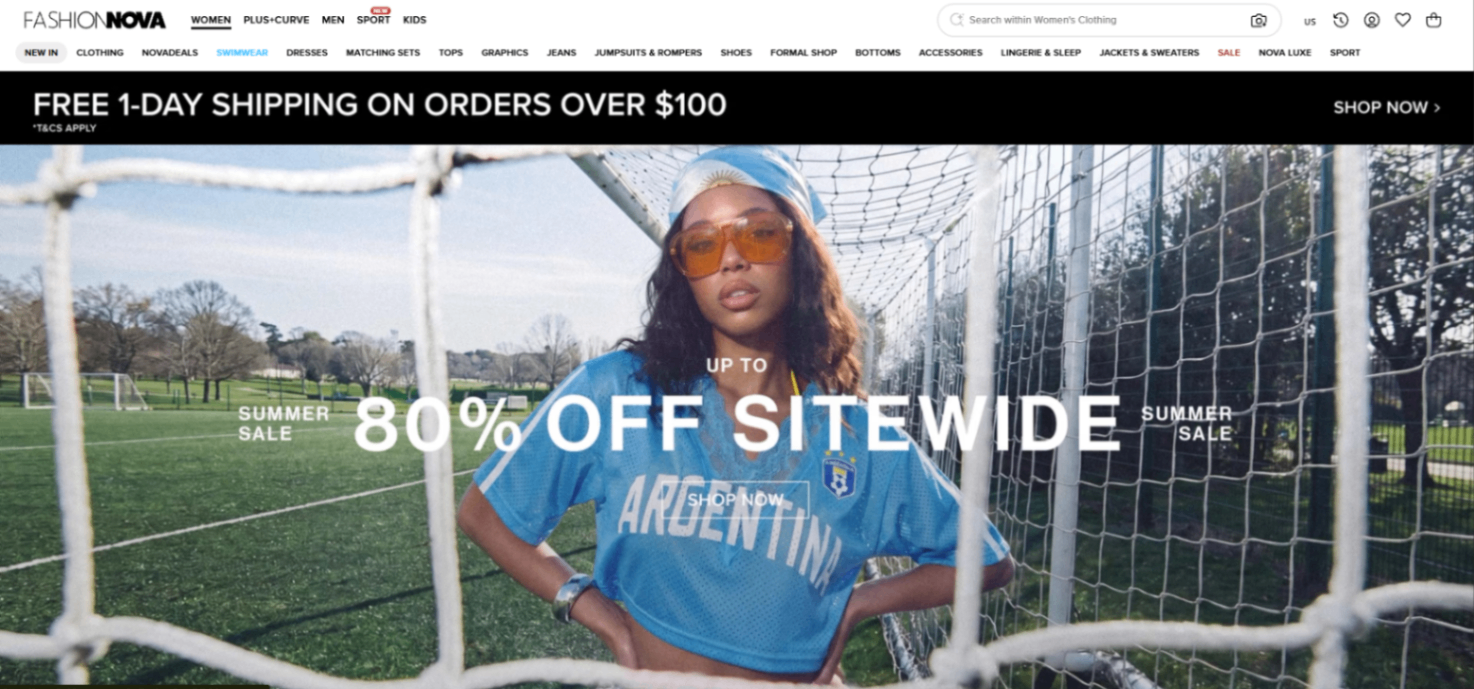 Fashion Nova homepage featuring a sitewide apparel promotion, illustrating how fashion brands encourage larger purchases through multi-item offers, collection-wide discounts, and incentives that increase cart value across multiple clothing products.