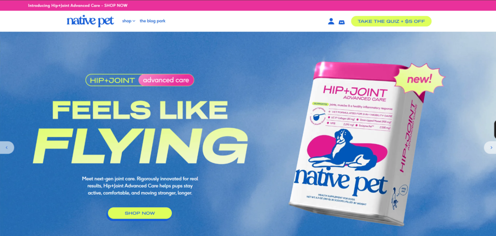 Native Pet homepage featuring dog supplements and wellness products, illustrating how pet brands encourage larger and repeat purchases through replenishable products, stock-up offers, and multi-pack promotions.