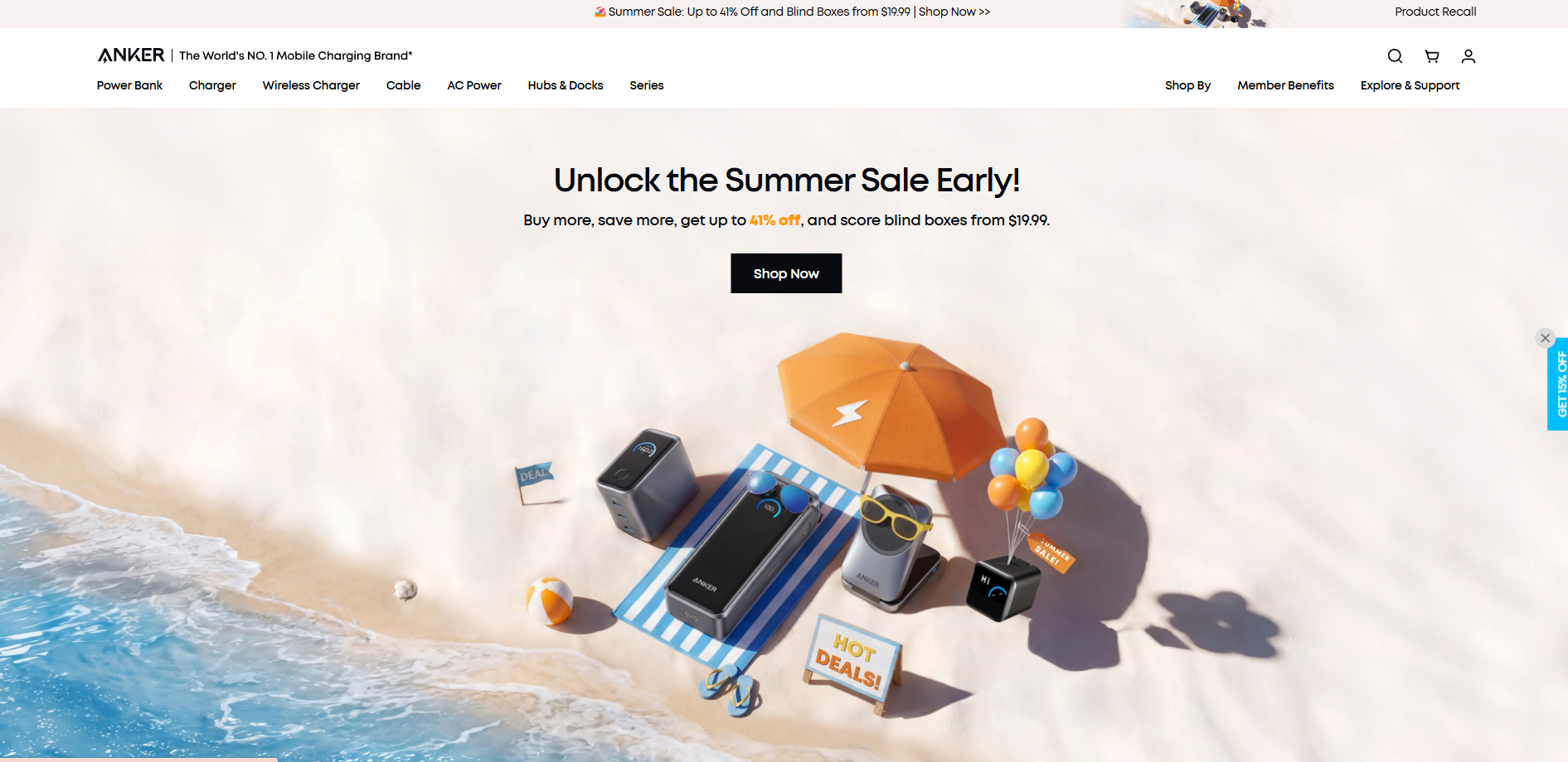 Anker promotional landing page highlighting a “Buy More, Save More” campaign with discounts of up to 41% on charging accessories and electronic products, demonstrating how electronics brands use volume discounts and bundled purchases to increase order value.