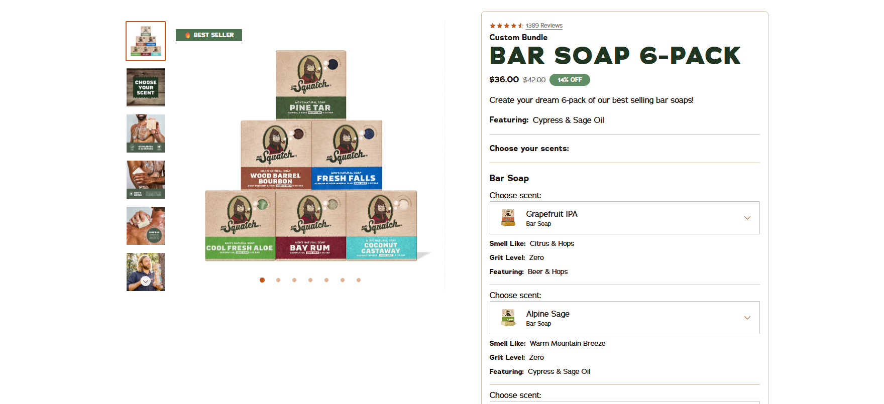 Dr. Squatch product page featuring a customizable 6-pack soap bundle, allowing customers to mix and match scents while receiving bundle savings, encouraging larger purchases through fixed-pack product bundling.