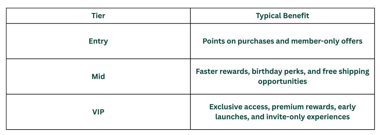 Illustration showing how VIP and tiered rewards programs encourage repeat purchases by offering exclusive benefits, higher reward levels, and personalized perks for loyal customers.