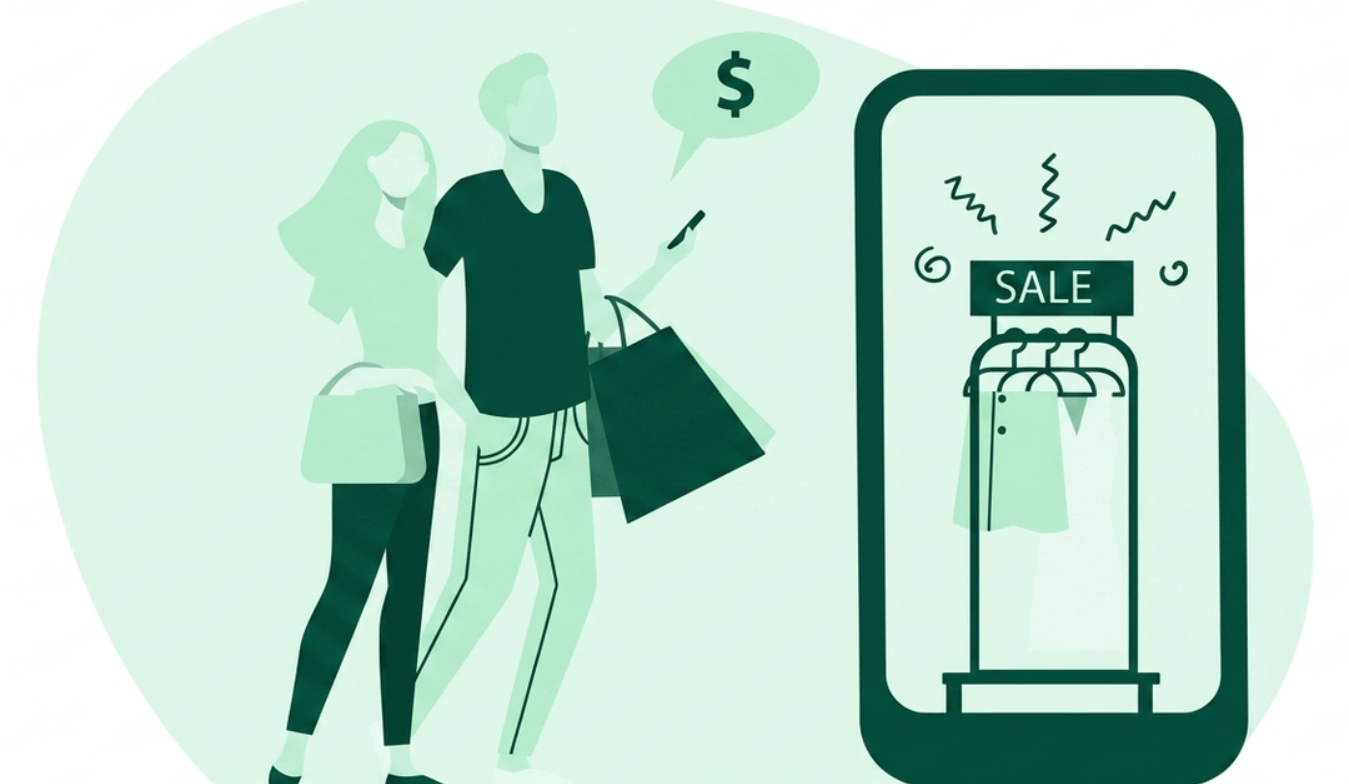 Illustration of shoppers using a mobile shopping app, representing customer retention strategies such as loyalty programs, personalized offers, rewards, and repeat purchases that increase customer loyalty.