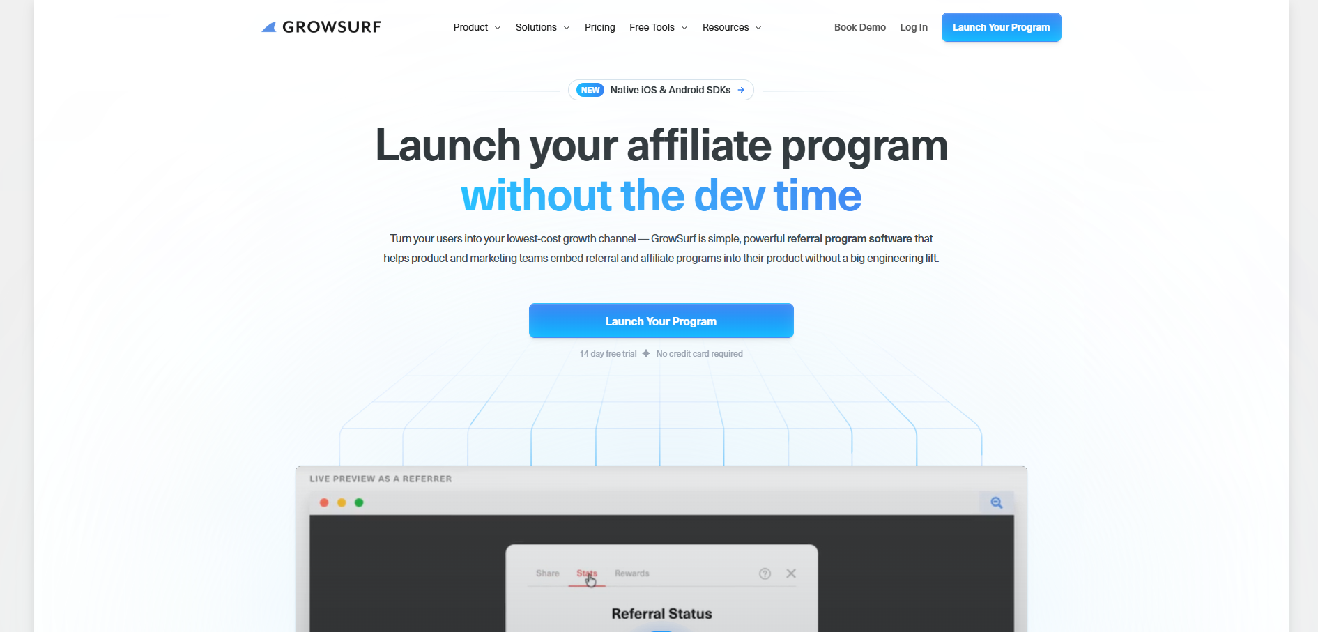 GrowSurf dashboard for creating and managing Shopify referral campaigns, customer referrals, and referral performance analytics