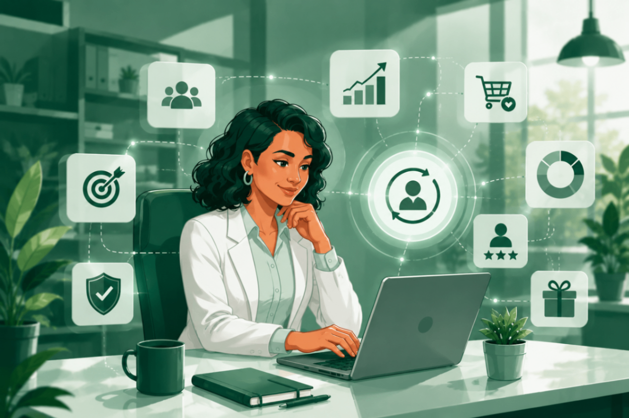 Illustration of a professional analysing customer retention software dashboards with loyalty, analytics, and customer engagement icons.