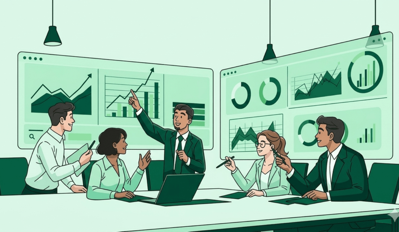 Marketing team analyzing customer retention KPIs, repeat purchase trends, and revenue growth dashboards to improve customer loyalty and increase repeat revenue for a Shopify store.