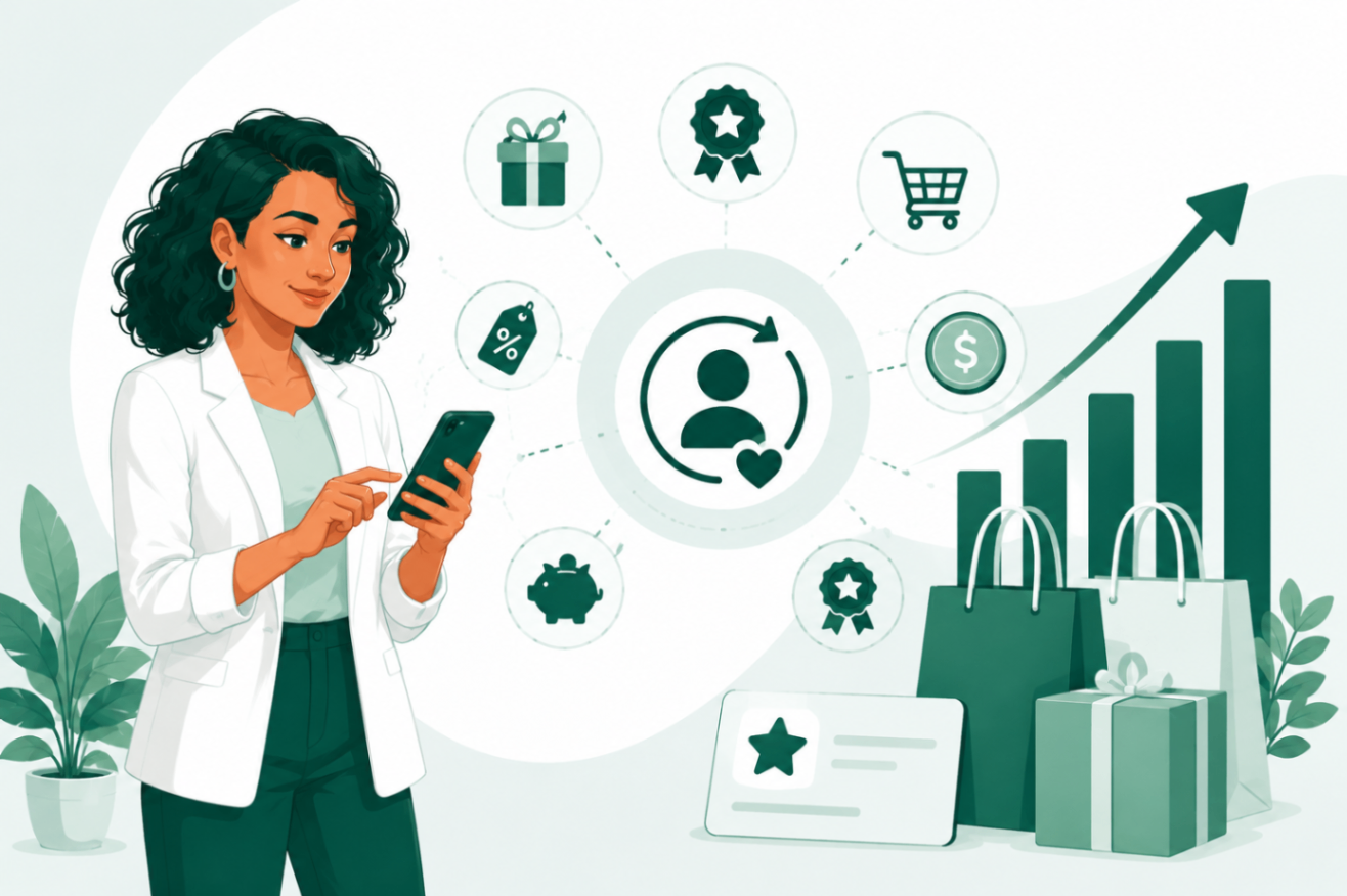 Illustration of an eCommerce loyalty program showing customer rewards, repeat purchases, and business growth through retention.