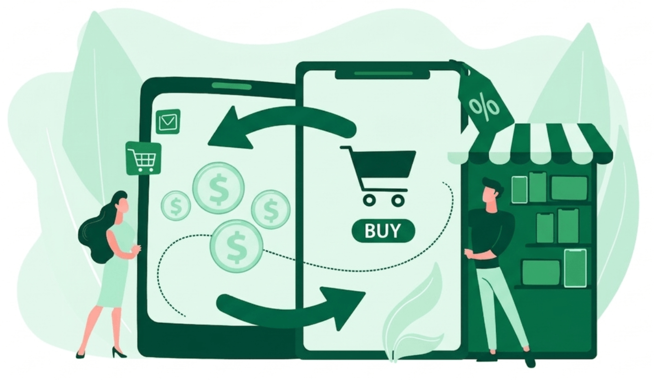 Illustration explaining repeat purchase rate, how to calculate it, and strategies to increase repeat purchases and customer loyalty for Shopify stores.