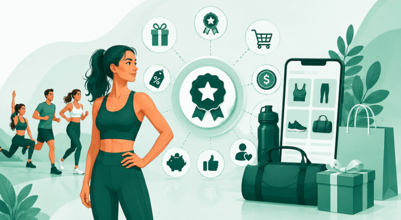 Illustration of an activewear loyalty program with rewards, shopping, and customer engagement icons.