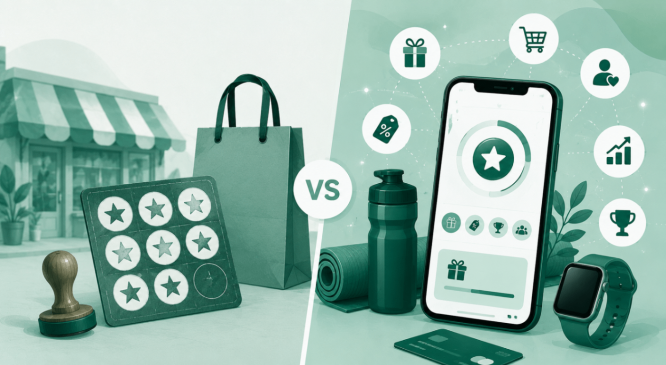 Illustration comparing traditional and digital loyalty programs with a punch card, shopping bag, mobile rewards app, and connected customer loyalty icons.