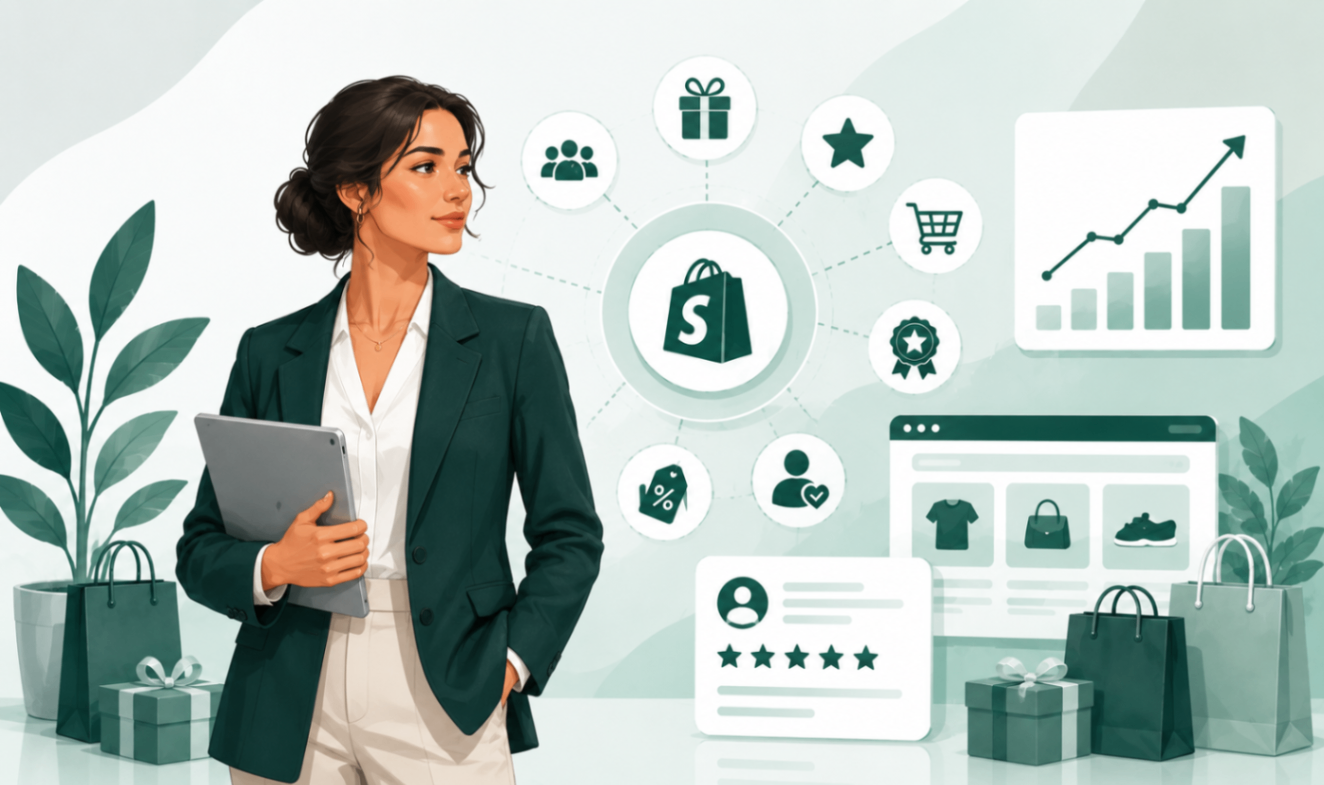 Illustration of a Shopify merchant comparing loyalty and ecommerce growth tools.