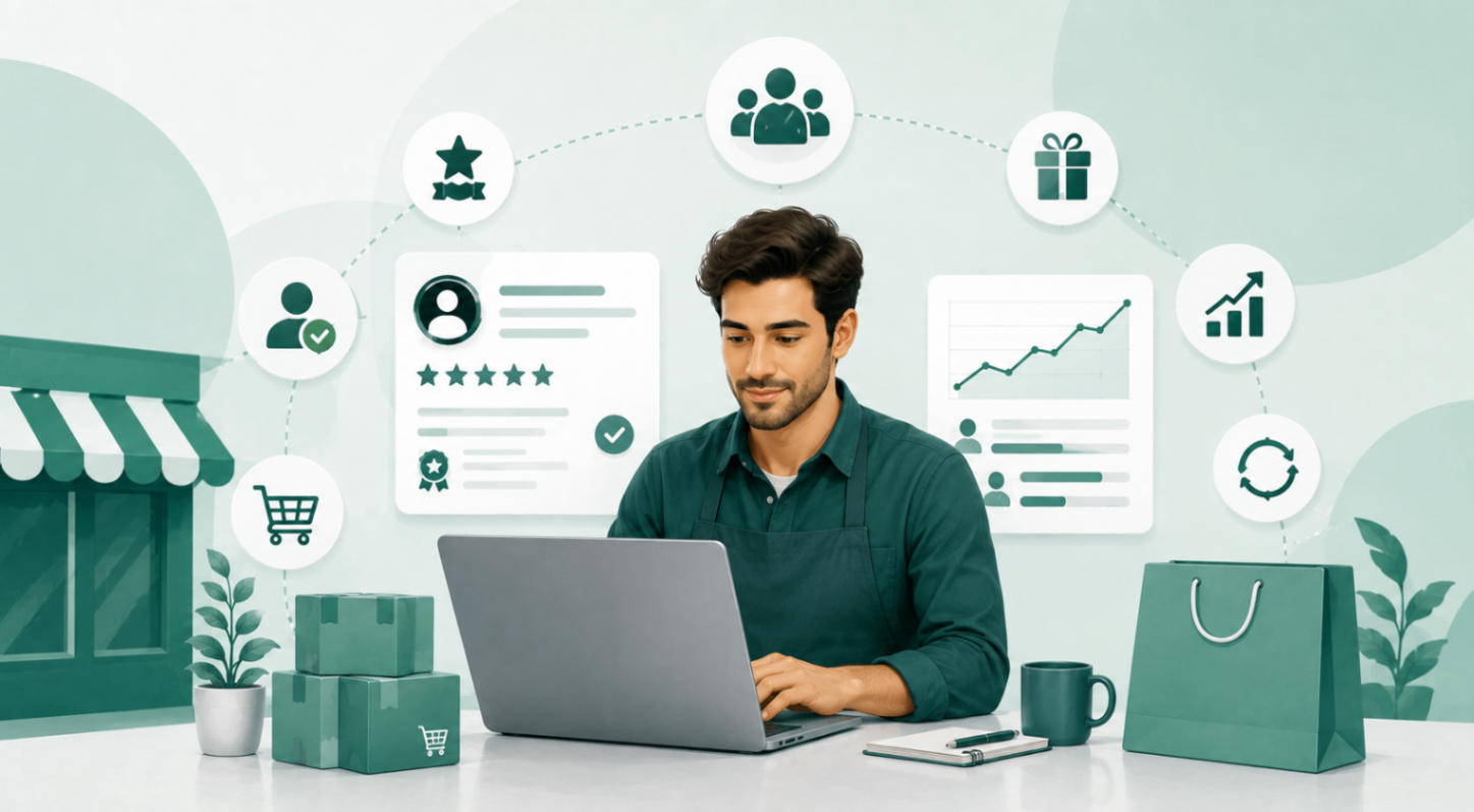Illustration of a Shopify merchant managing customer loyalty and retention with rewards, customer engagement, analytics, and ecommerce dashboard elements.
