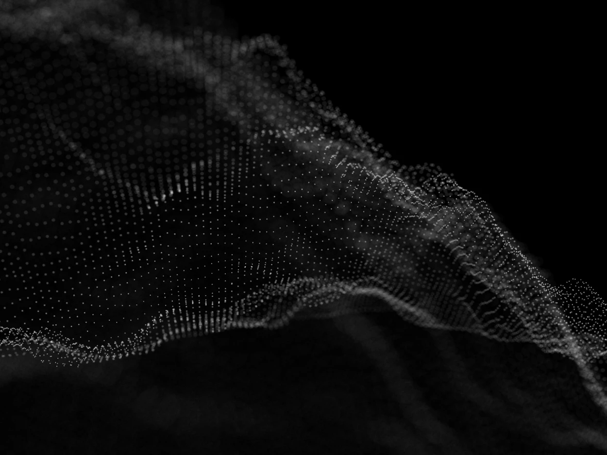 Abstract 3D wave of small white dots on a black background creating a flowing mesh pattern.