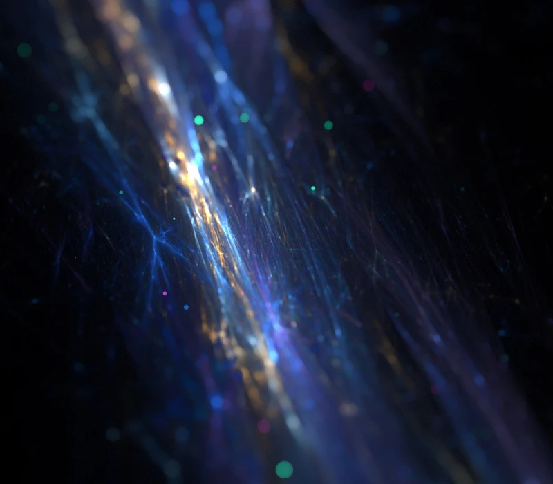 Abstract image of glowing blue, purple, and gold light streaks on a dark background resembling cosmic or fiber optic strands.