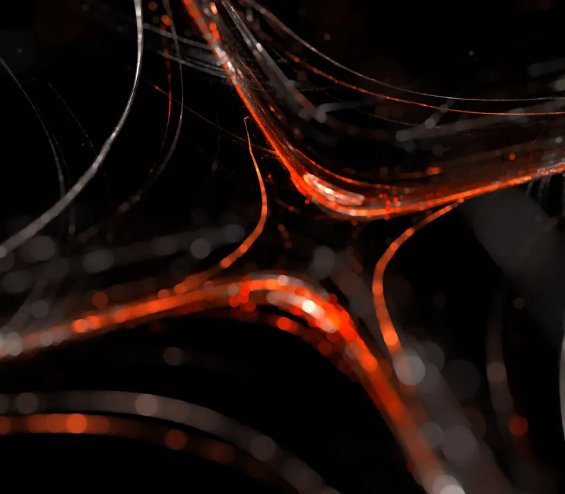 Abstract dark background with glowing orange and red curved light streaks and thin lines.