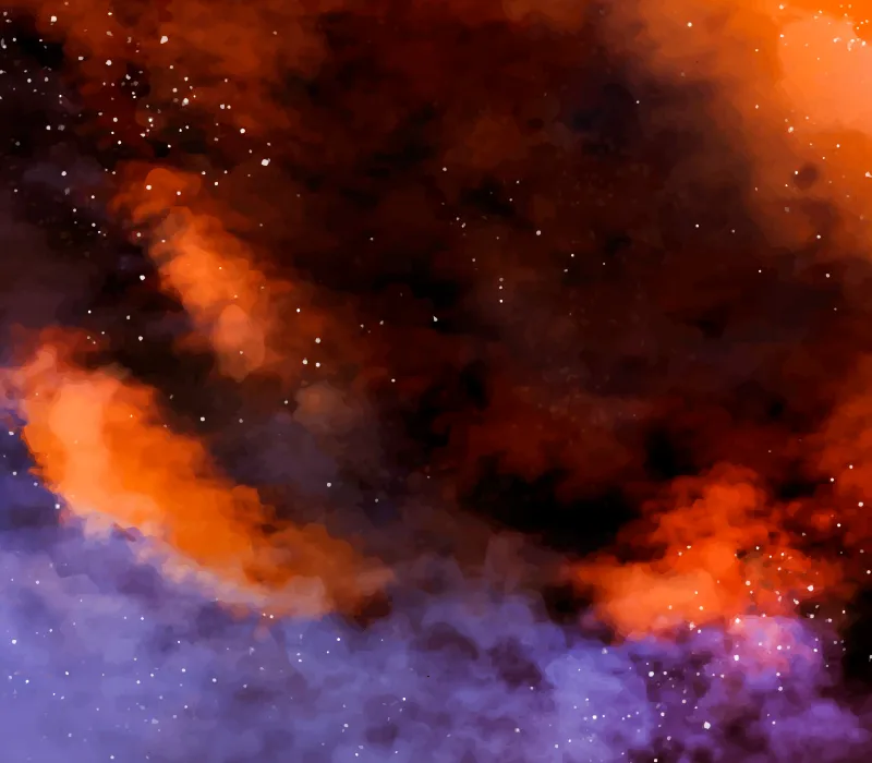 Colorful cosmic nebula with orange and purple clouds and scattered white stars in space.