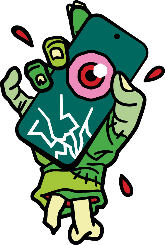 Green zombie hand gripping a cracked smartphone with a red eye on the screen, with bones and blood droplets visible.
