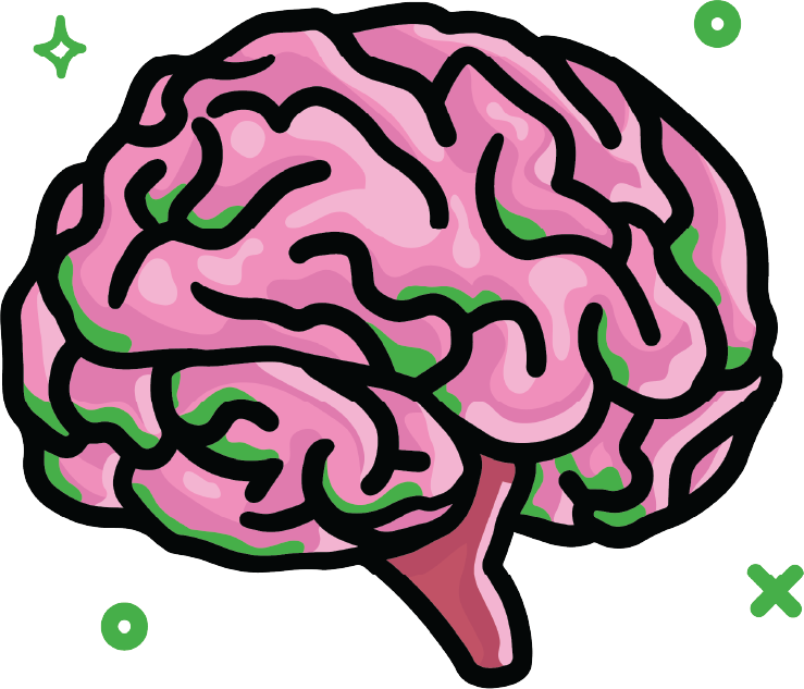 Illustration of a pink human brain with green accents and abstract green shapes around it.