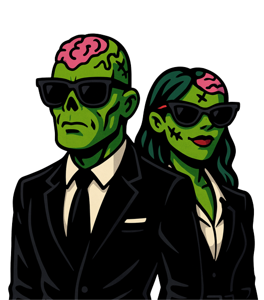 Stylized green zombies with exposed pink brains wearing black suits and sunglasses, a male and female standing side by side.