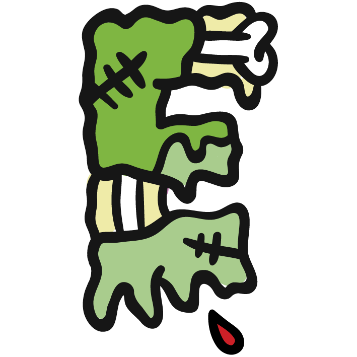 Cartoon green zombie hand with stitches and a bone exposed at the wrist dripping a drop of blood.