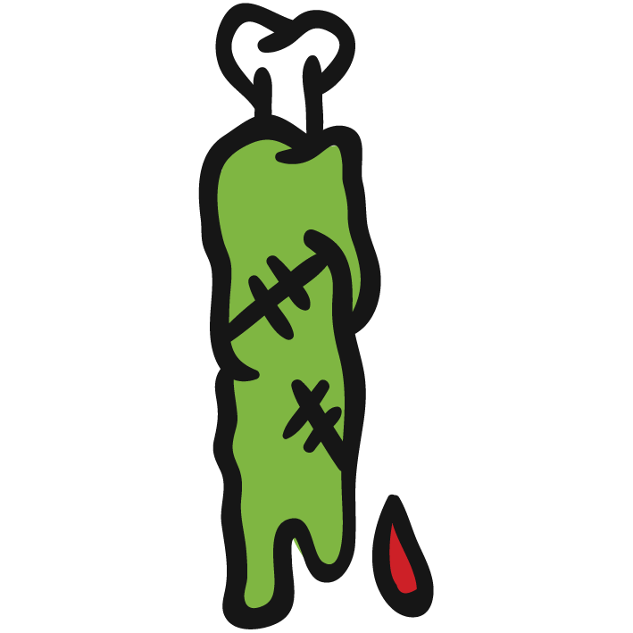 Cartoon-style severed green zombie arm with stitches, bone protruding from top, and a drop of red blood.