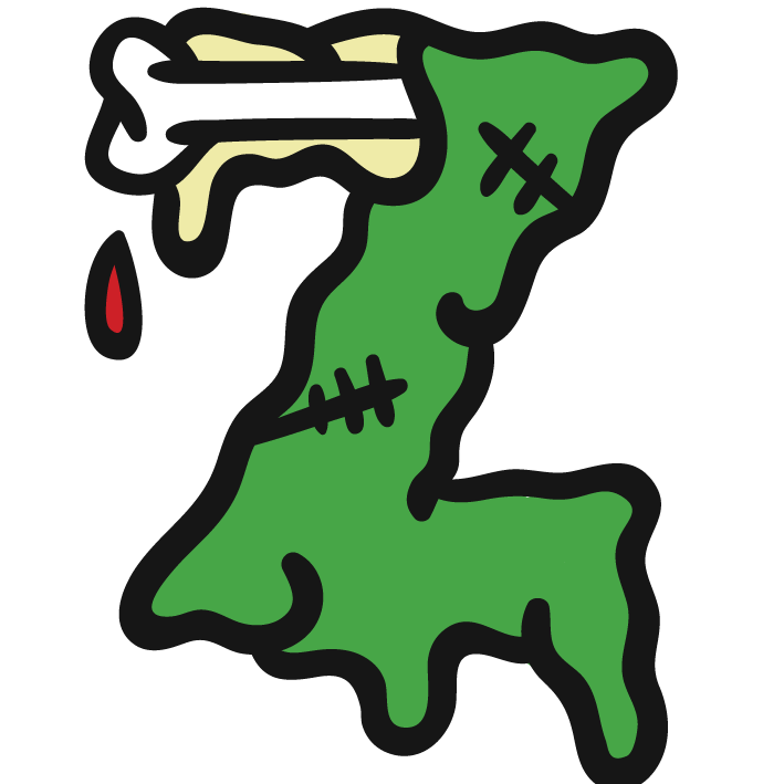 Cartoon green zombie head with stitches and a bone protruding, dripping red blood.