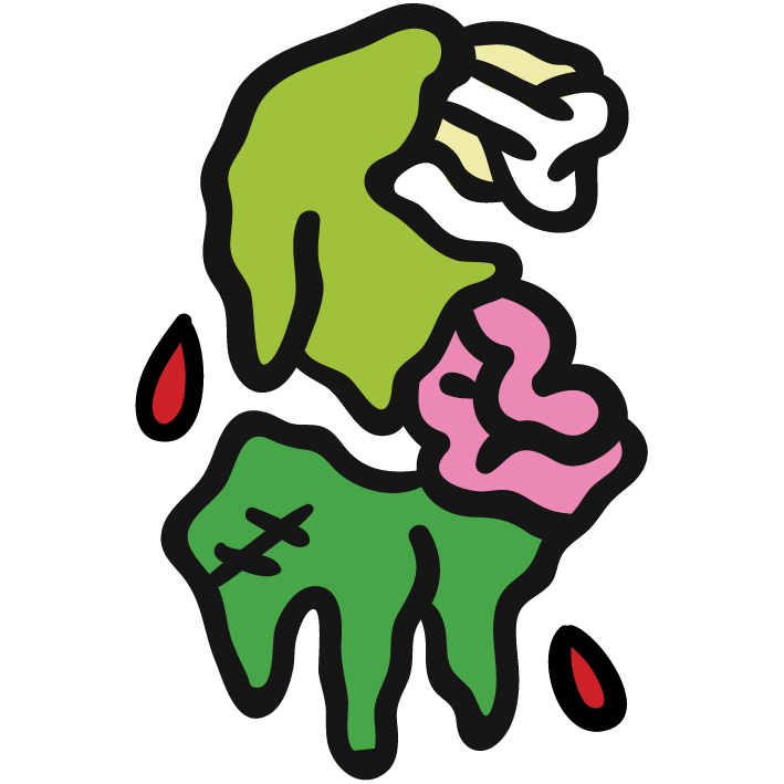Stylized graphic of a green zombie hand with exposed bone and stitching, dripping with blood drops against a black background.