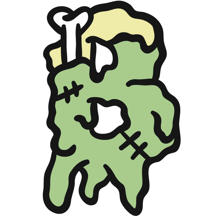 Green cartoonish zombie letter 'B' with stitches and a bone sticking out, on a black background.
