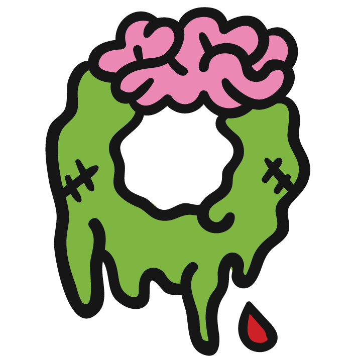 Cartoon green zombie hand shaped in a ring with exposed pink brain on top and a single red blood drop, set on a black background.