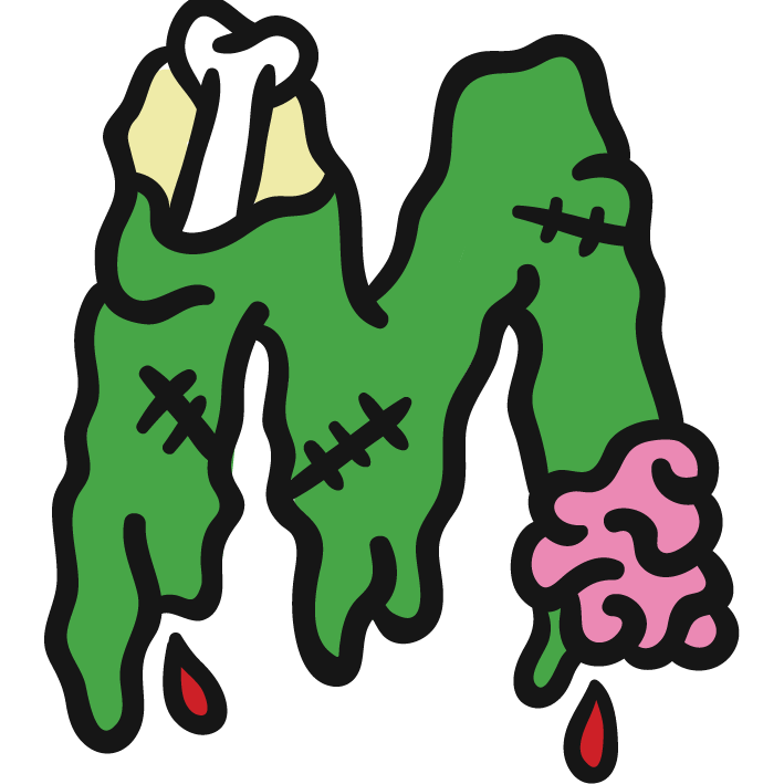 Green zombie-style letter 'M' with exposed bone, brain, stitches, and dripping blood.
