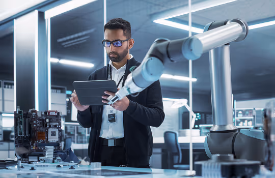 Engineer in black jacket using a tablet to operate a robotic arm in a modern lab with electronic components on the table.