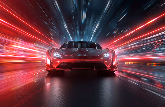 Front view of a sleek red sports car speeding on a wet road with dynamic light streaks in the background.