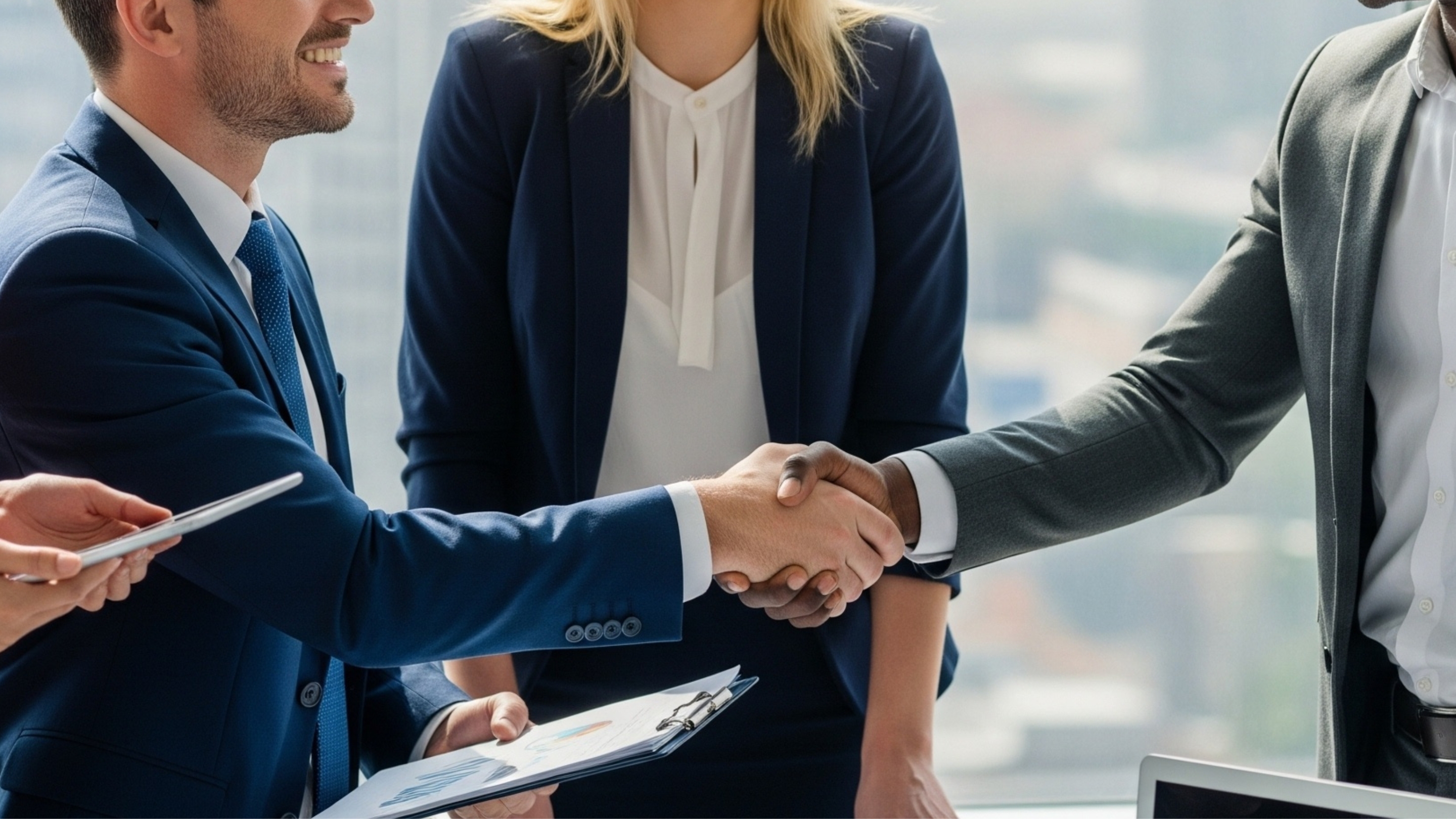 Zwei Geschäftsmänner geben sich die Hand vor einer lächelnden Geschäftsfrau in einem Büro mit großen Fenstern.