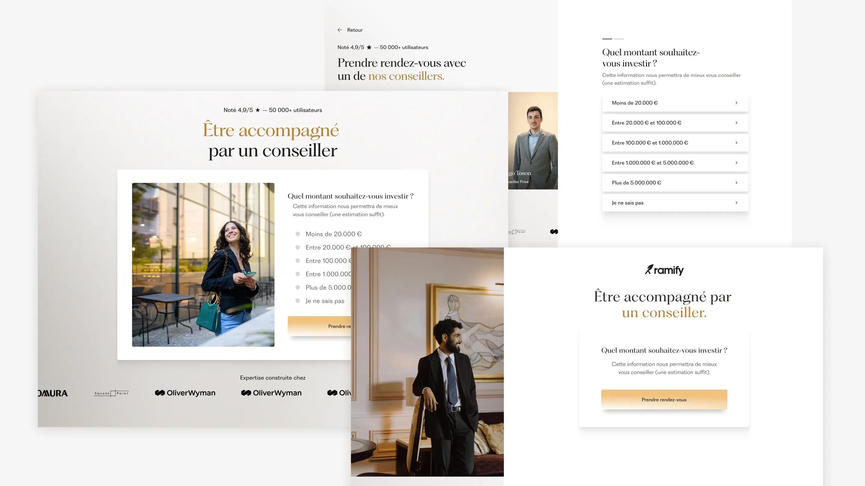 Exemple de formulaires optimisés pour la conversion avec étapes guidées et choix du montant d’investissement pour être accompagné par un conseiller Ramify.
