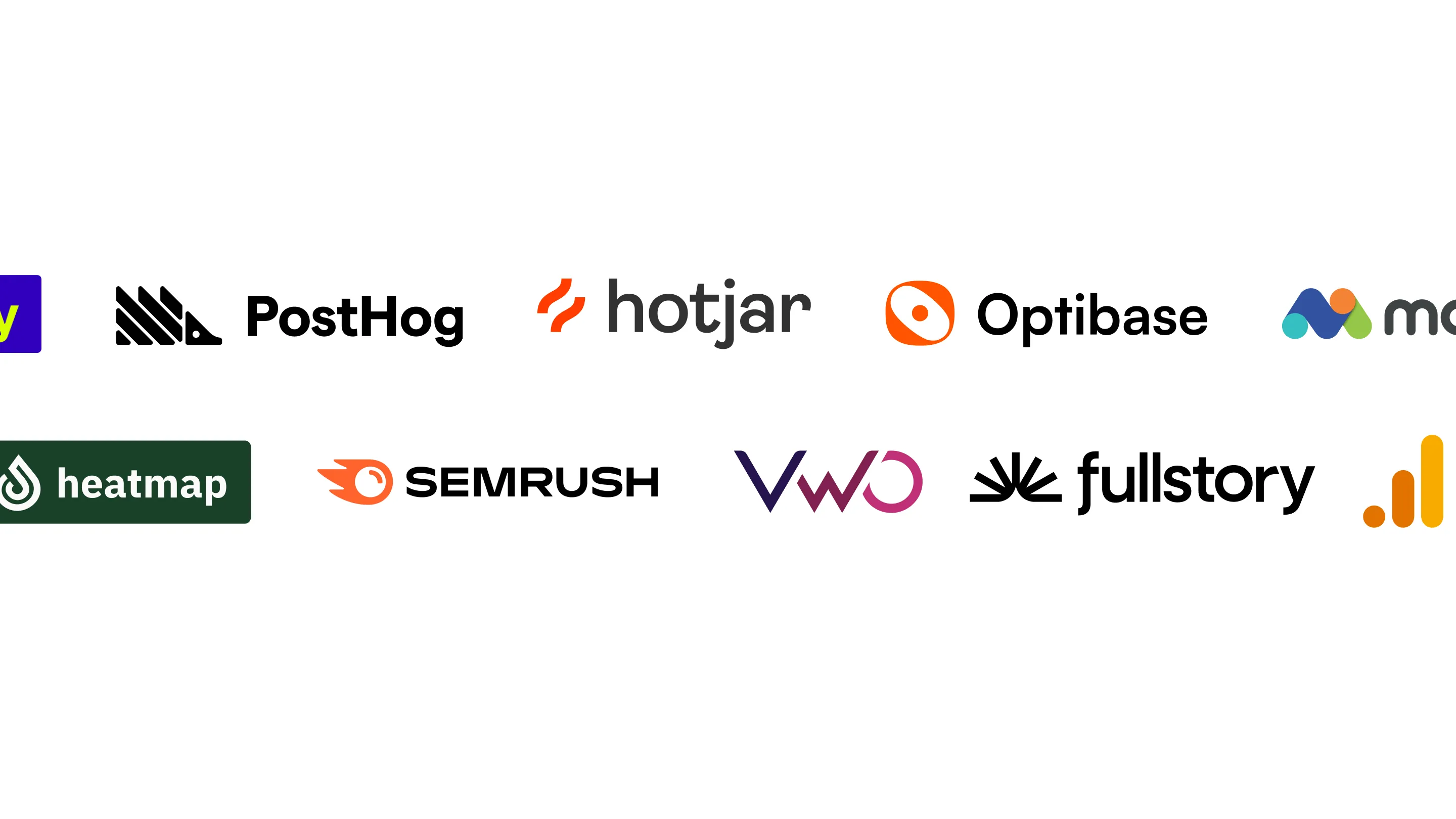 Logos des principaux outils CRO et analytics : PostHog, Hotjar, Optibase, Microsoft Clarity, Heatmap, Semrush, VWO, FullStory, Google Analytics.