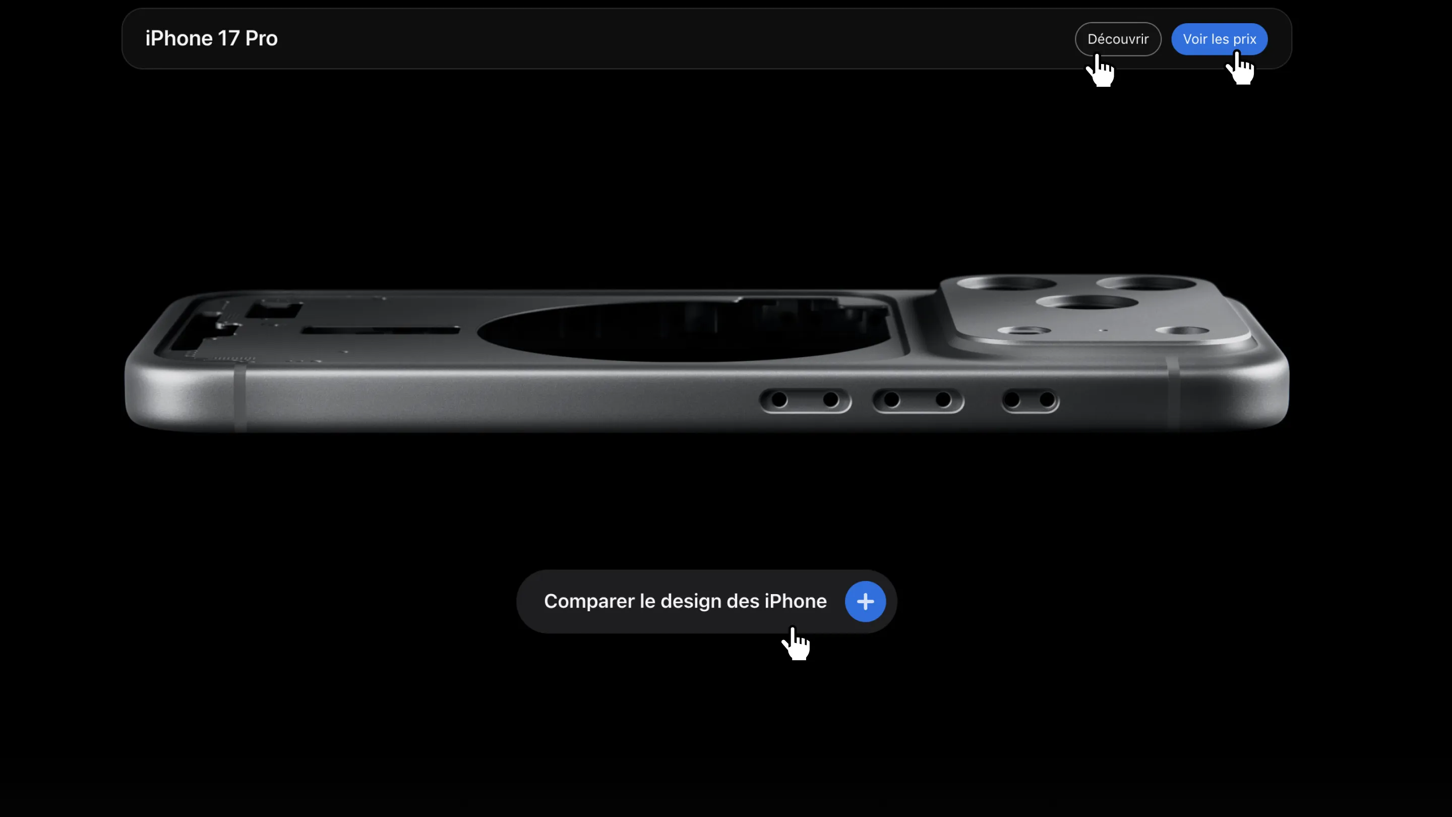 Vue latérale d’un iPhone 17 Pro en gros plan, avec boutons d’appel à l’action “Découvrir”, “Voir les prix” et option pour comparer le design des iPhone.