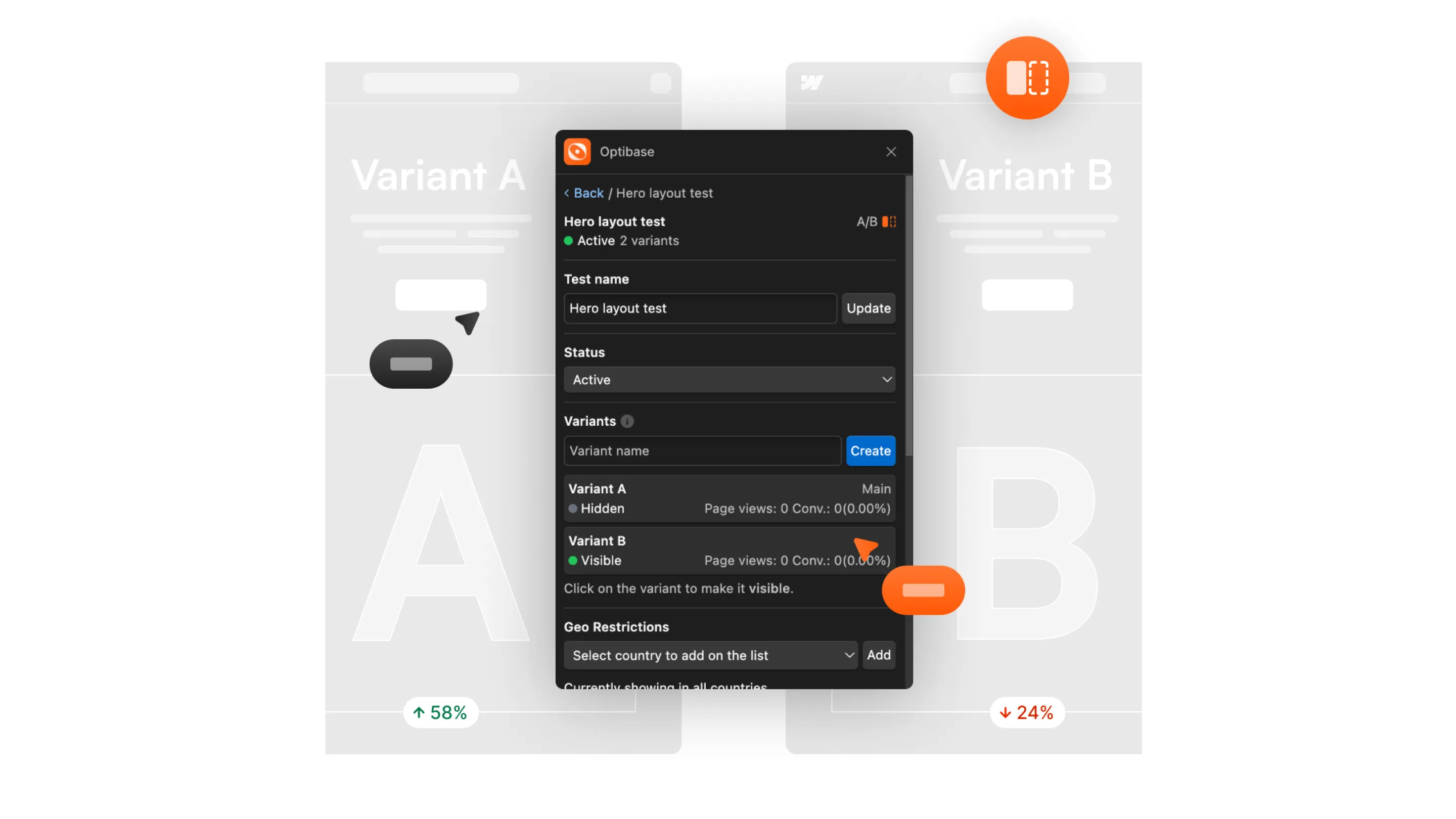 Interface Optibase affichant un test A/B en cours avec variantes de mise en page (A et B), permettant de gérer le statut, les conversions et les restrictions géographiques.