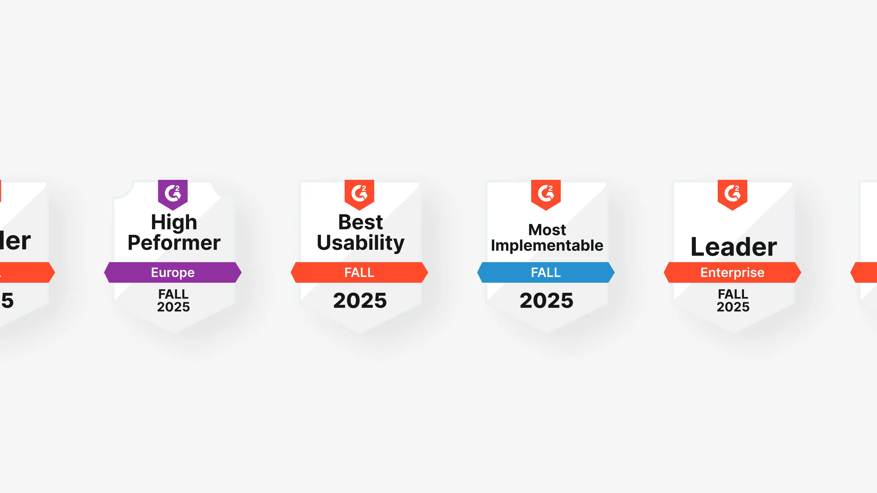 Badges G2 Fall 2025 récompensant une solution logicielle : High Performer Europe, Best Usability, Most Implementable et Leader Enterprise.