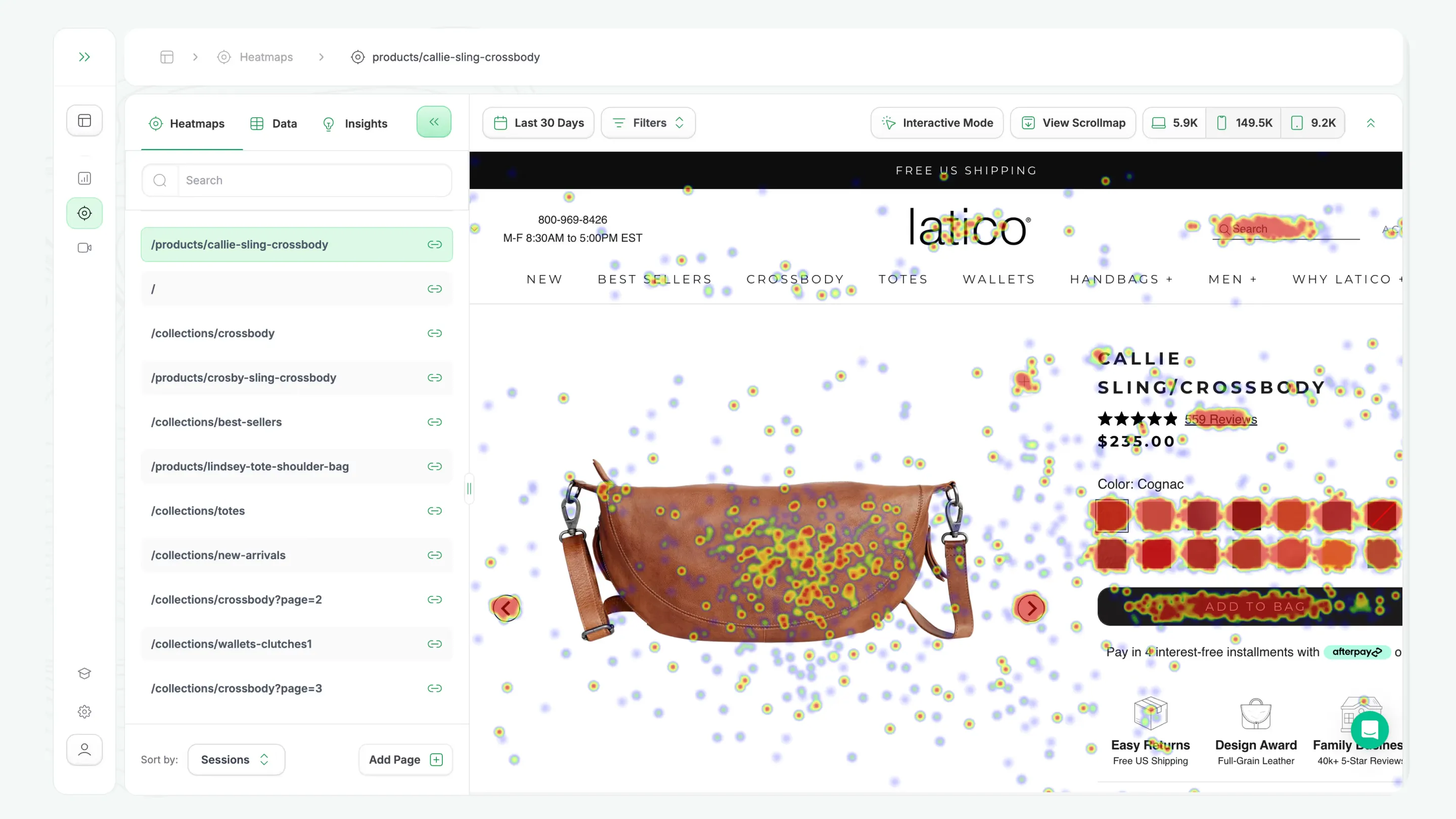 Heatmap d’une page produit e-commerce affichant les zones de clics sur une fiche produit de sac, incluant photos, options de couleur et bouton “Add to bag”.