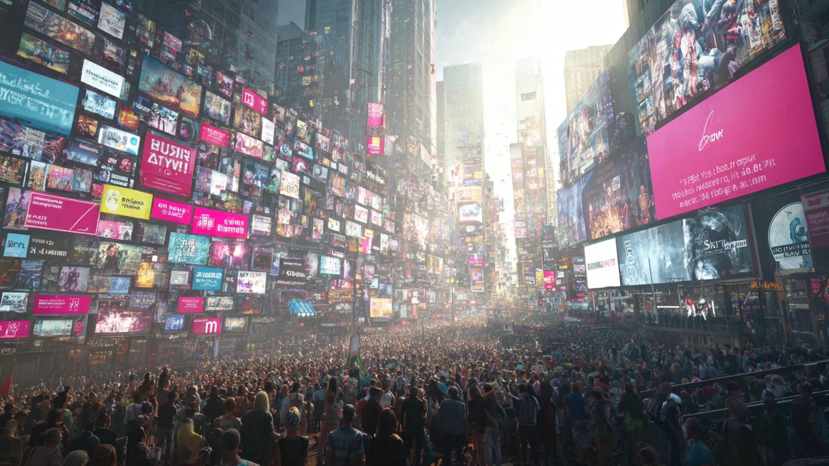 Illustration futuriste représentant une foule devant des écrans publicitaires géants, symbolisant la surabondance de contenus et l’importance du CRO en 2025.