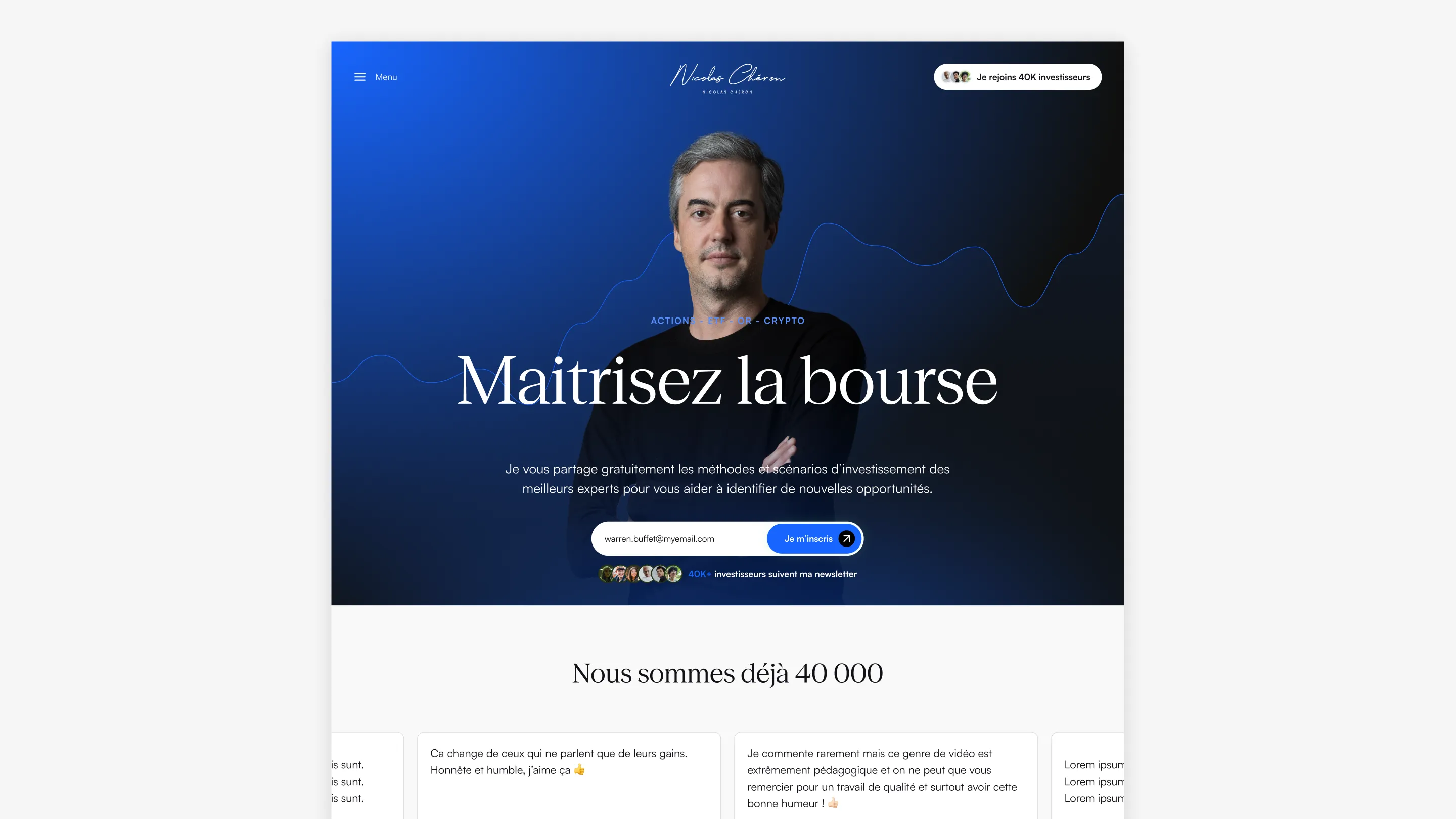 Exemple de landing page d’investissement avec un titre accrocheur “Maîtrisez la bourse”, un formulaire d’inscription et des preuves sociales de 40 000 abonnés.
