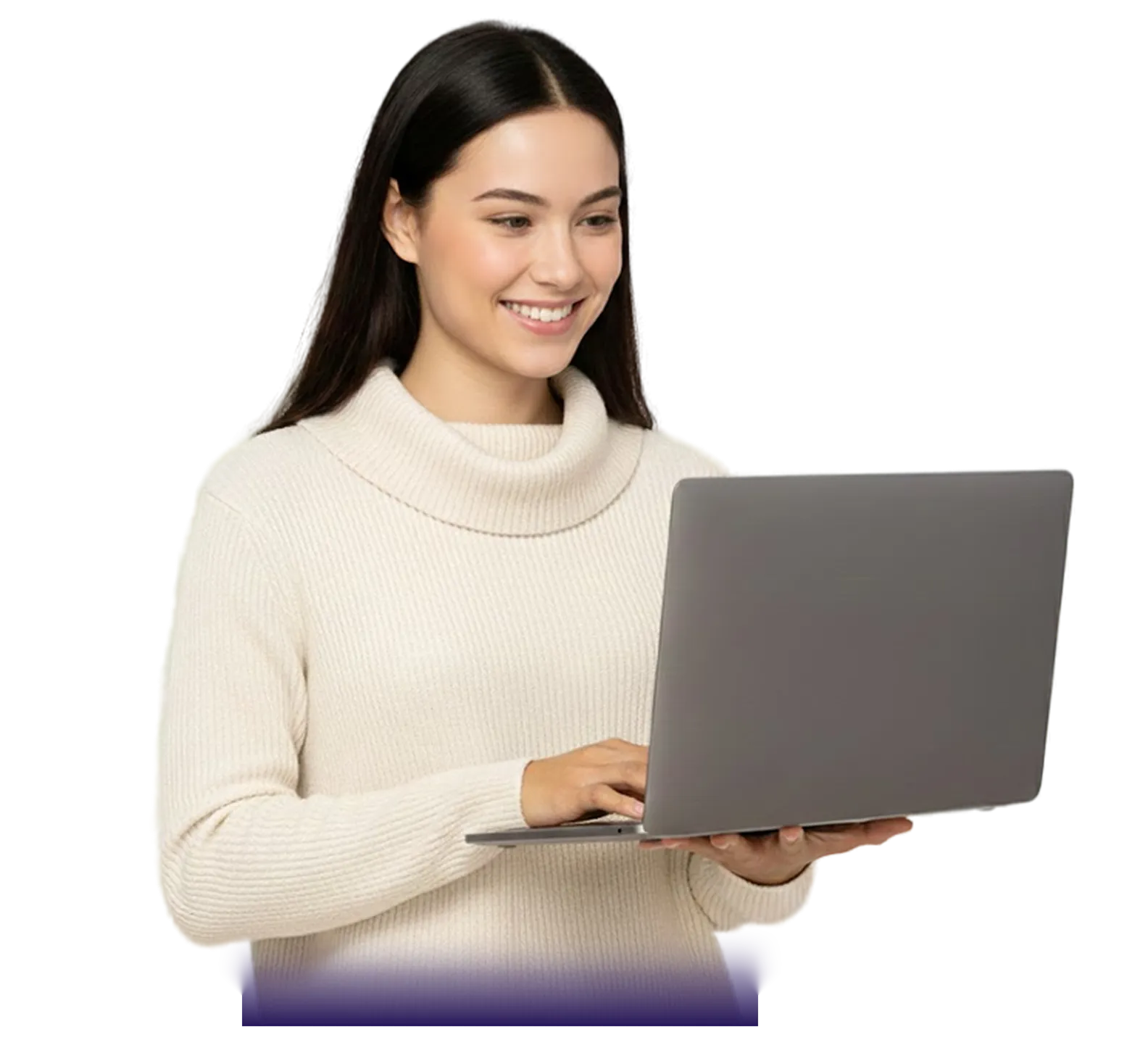 A woman is standing with holding the laptop