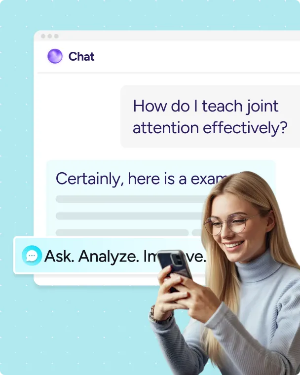 A smiling woman with glasses using a smartphone in front of a chat interface showing a question about teaching joint attention effectively and a partially visible response.
