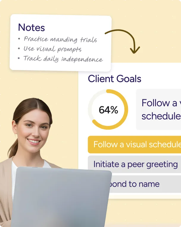 Smiling woman behind a laptop with notes and client goals shown, including 64% progress on following a visual schedule.