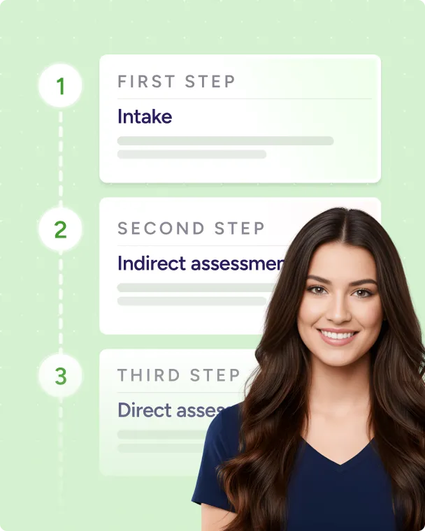 Step-by-step process with a smiling woman in front: 1. Intake, 2. Indirect assessment, 3. Direct assessment on a light green background.