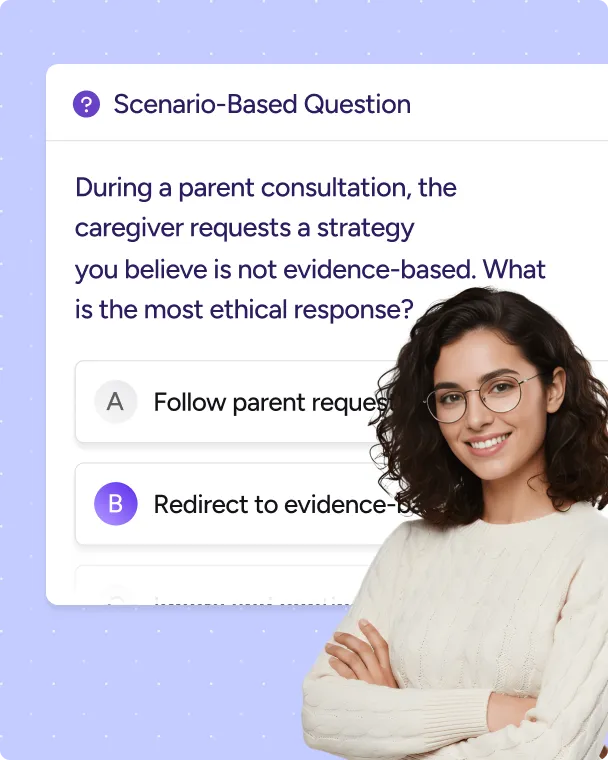 Smiling woman with glasses and curly hair wearing a white sweater stands with arms crossed in front of a scenario-based question about ethical responses in parent consultations.